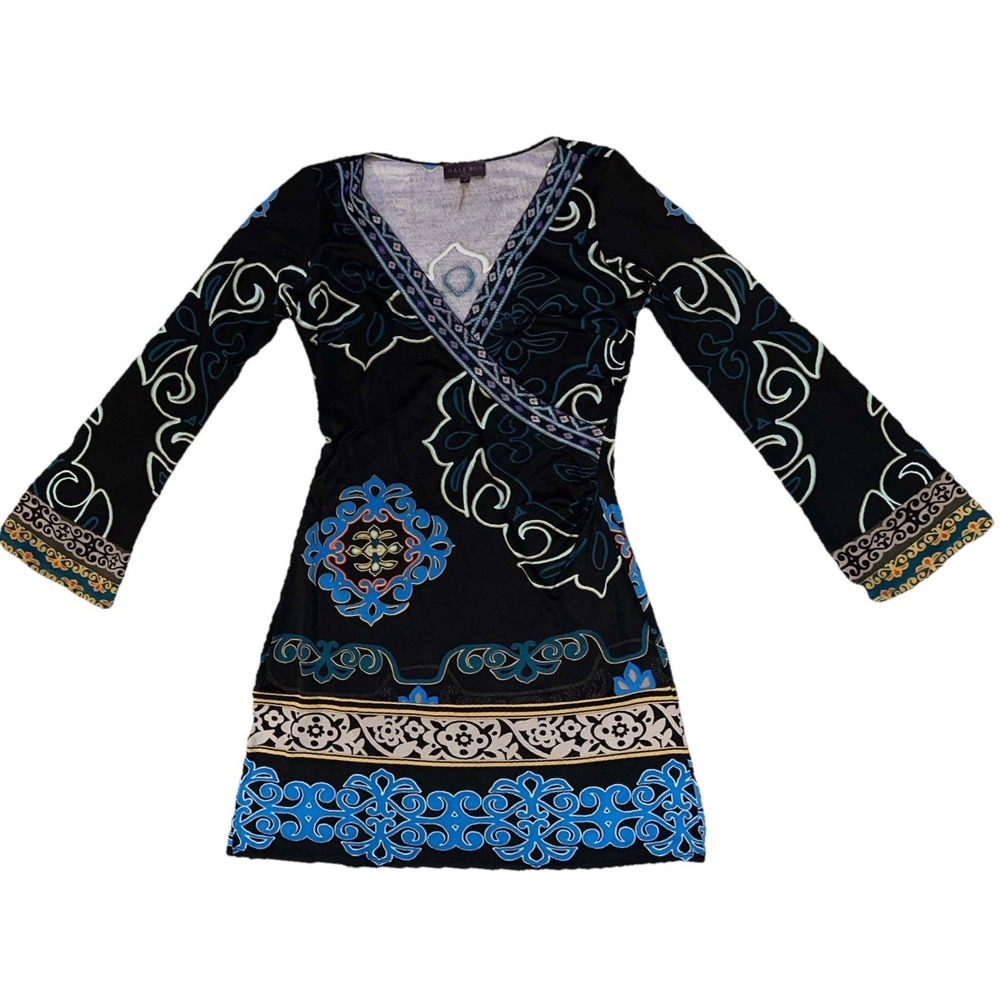 Hale Bob Designer Sz S Dress‎ Black Multicolor Long Sleeve 100% Silk Embroidery